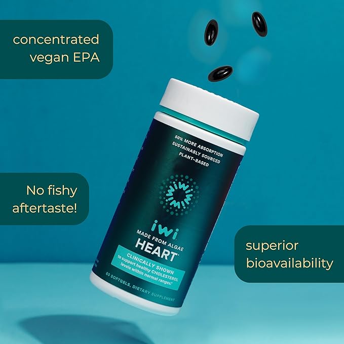 Iwi Life Heart Omega-3 120 Softgels (60 Servings) Vegan Plant-Based Algae Omega Fatty Acids + EPA Heart Health Support Dietary Supplement Krill &amp Fish Oil Alternative No Fishy Aftertaste