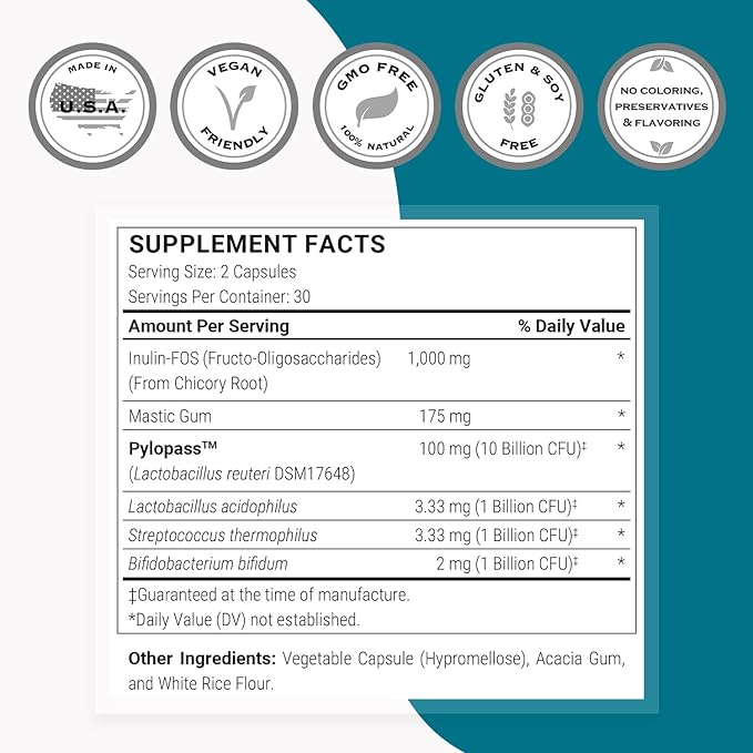 Supersmart H. Pylori Advanced Formula (6-in-1 Complete Action) - with Mastic Gum Probiotics &amp Prebiotic - Patented Pylopass Lactobacillus Reuteri DSM 17648 | 60 Vegetarian Capsules - Made in USA