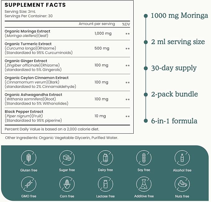 (2 Pack) Organic Moringa Leaf Extract Liquid Drops Supplement 1000mg with Turmeric and Black Pepper for Energy Antioxidant and Skin Green Superfood Supplement for Women Men Vegan 1 Fl Oz