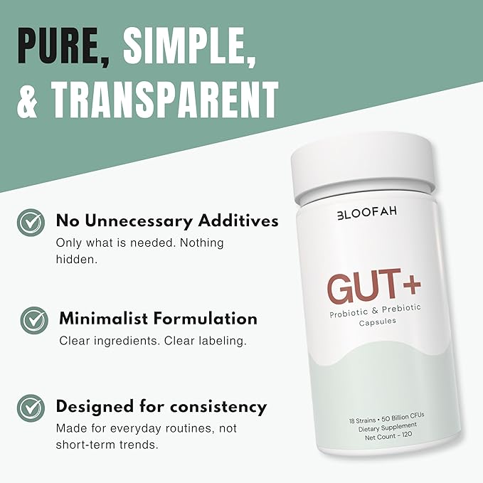 Gut+ Probiotic &amp Prebiotic Capsules for Women – 50 Billion CFU 18 Strain Formula with Cranberry Extract – Daily Gut Digestive &amp Balance Support – Clean Label Supplement – 120 Capsules