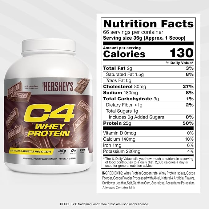 C4 Whey Protein Powder Hershey's Chocolate - 25g Protein 0g Added Sugar 130 Calories Per Serving Supports Muscle Recovery 66 Servings Premium Whey for Post-Workout