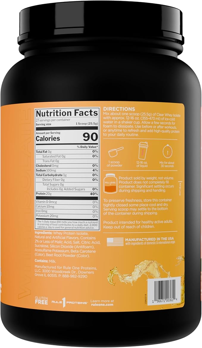 Rule 1 Clear Whey Isolate - 20g All-Whey Isolate Protein Mix Over 9g EAAs 90 Calories Zero Sugar Easy to Digest Light Crisp and Refreshing Taste (27 Servings Peach Mango)