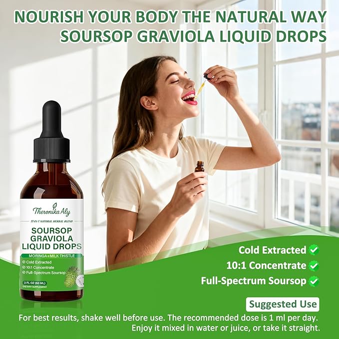 Soursop Bitters Liquid Drops 11-in-1 Herbal Blend with Soursop Extract Sea Moss Moringa Turmeric Black Cumin &amp Milk Thistle Soursop Drops for Daily Wellness 2 Fl Oz