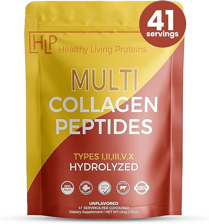 Healthy Living Proteins | Multi Hydrolyzed Collagen Peptides Type I II III V &amp X | Grass Fed Bovine Wild Caught Marine Free Range Chicken | Gluten Free (Unflavored 1 Pound (Pack of 1))