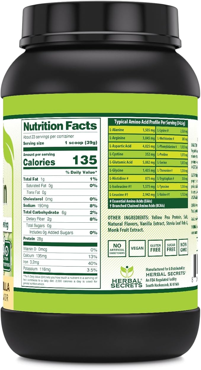 Herbal Secrets Vegan Protein | 28 Grams Protein | 23 Servings | 6.2 Grams BCAA Supplement | Made in USA (2 Lb Vanilla)