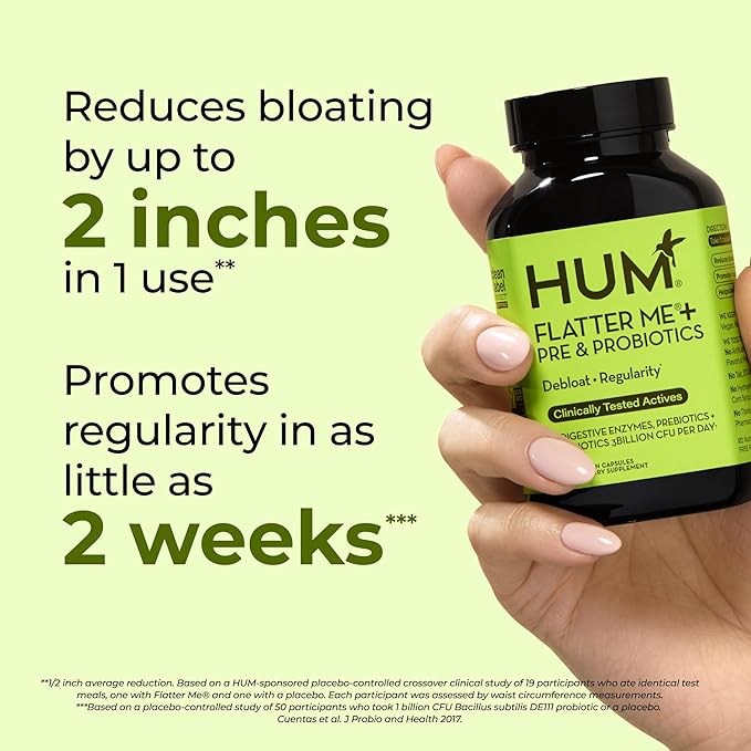 HUM Flatter Me Digestive Enzymes Plus Prebiotics &amp Probiotics Digestive Health Bloating Supplement for Women &amp Men Fast Acting Anti Bloat Pills Multi Enzyme for Debloating Vegan 60 Capsule