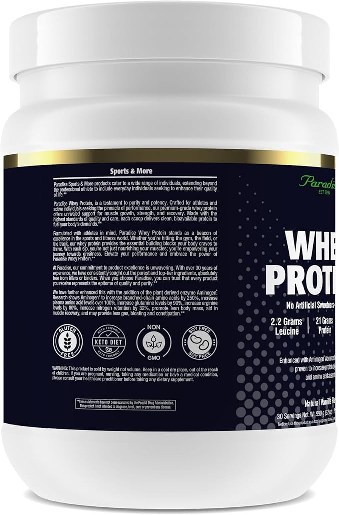 Paradise Herbs 100% Whey Protein Powder Vanilla 21g Protein 5.5 BCAA's 2.2g L-Leucine 210mg Aminogen 30 Servings