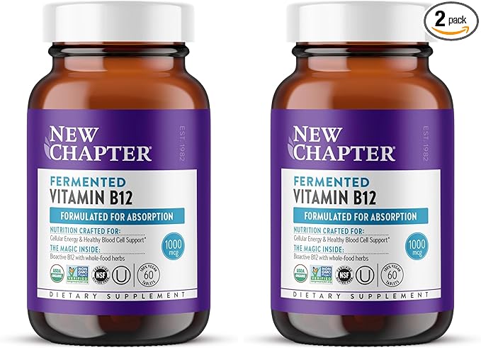 New Chapter Fermented Vitamin B12 1000 mcgUSDA OrganicDaily for Cellular Energy + Healthy Blood CellsCertified VeganGluten Free -60 Count (Pack of 2)