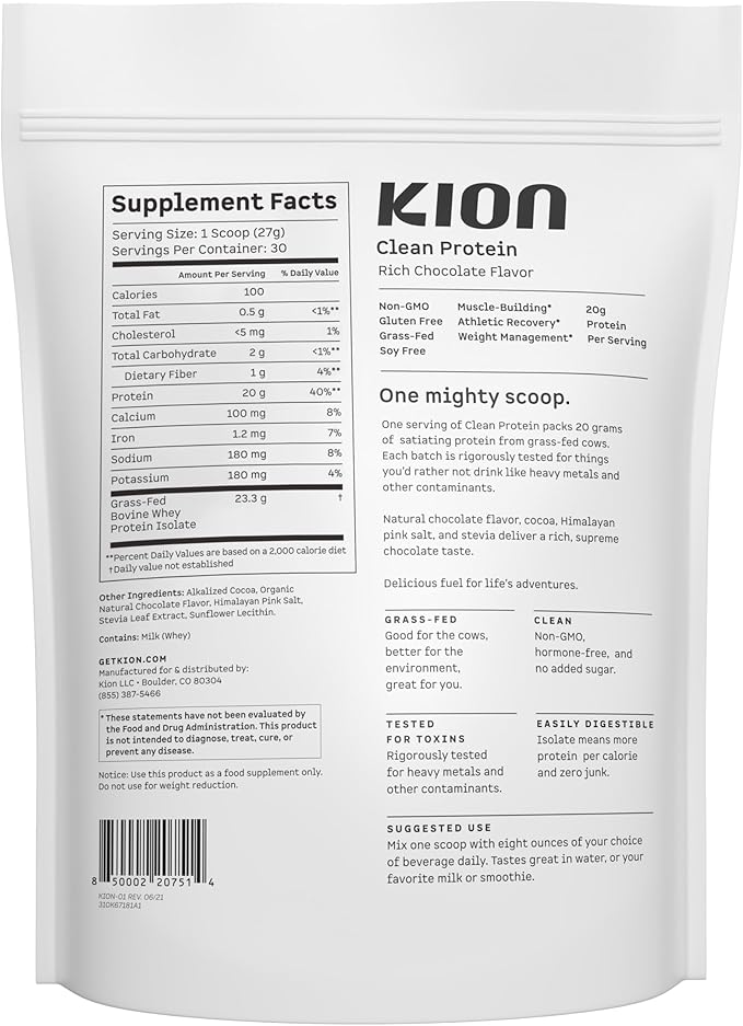 Kion Clean Protein | Grass-Fed &amp Pasture-Raised Whey Isolate Protein Powder | Rich Chocolate | 30 Servings