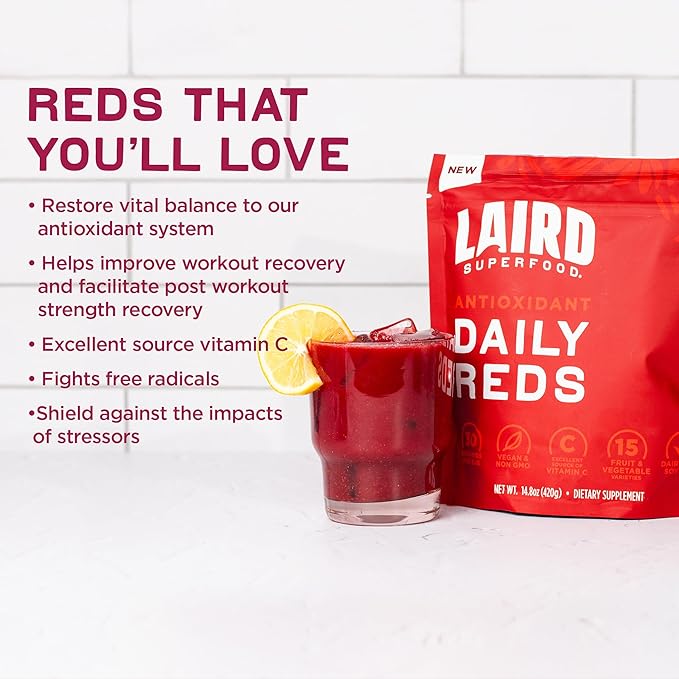 Laird Superfood Antioxident Daily Reds Powder Free Radical Fighting Blend Vitamin C Manganese 2 Servings of Fruits and Vegetables Per Serving 15 Pack