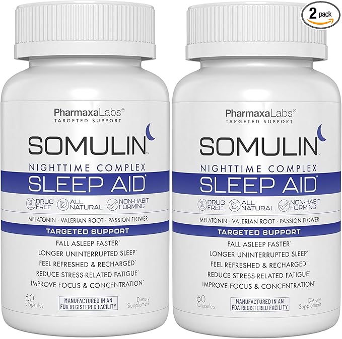 Somulin Nighttime Complex Sleep Aid - Powerful All-Natural Maximum Strength Formula - Fall Asleep &amp Stay Asleep - Rest &amp Refresh - Melatonin Valerian Chamomile &amp 5-HTP - 60 Capsules (Pack