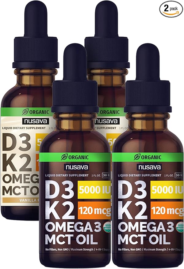 NUSAVA Unflavored D3 K2 Liquid Drops and Vanilla Flavored D3 K2 Liquid Drops Bundle - Potent Liquid Vitamins for Heart Joint Bone Muscle &amp Immune Support - Non-GMO Gluten-Free 2pk Each