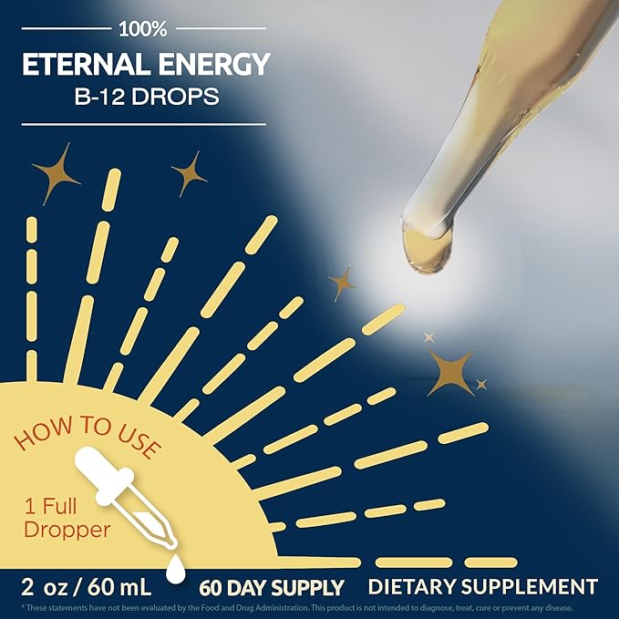 Eternal Energy Liquid Vitamin B12 Complex 1250mcg Fast Absorption Drops. B12 Support for Energy Nerves &amp Immune Health B Complex Vitamins for Women &amp Men - 2oz 60 Servings Vegan