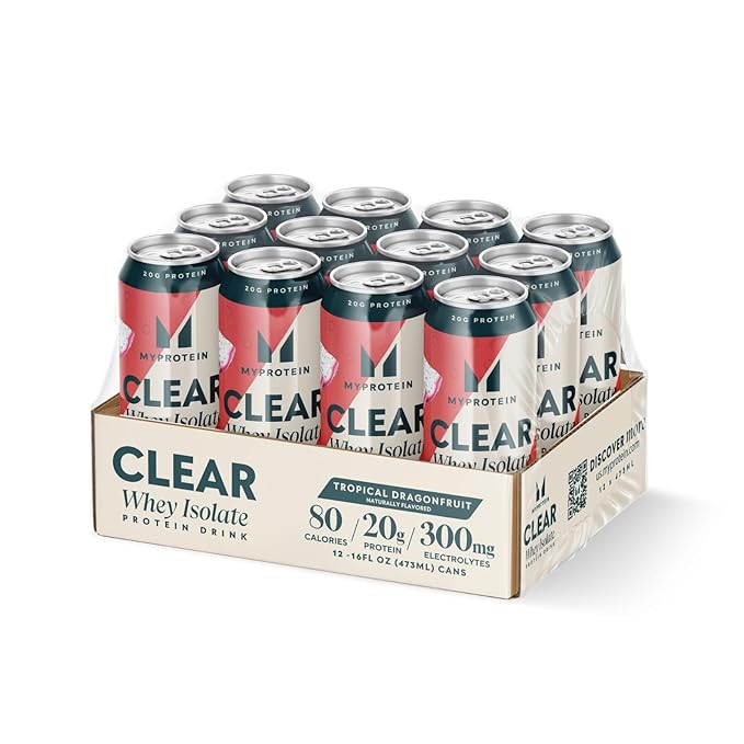 Myprotein Clear Whey Isolate Ready-to-Drink Protein Tropical Dragonfruit 16 Fl Oz Pack of 12 20g Protein 80 Calories Sugar-Free Refreshing Fruity Flavored Beverage for Superior Performance
