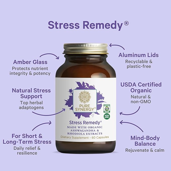 PURE SYNERGY Stress Remedy | Soothing Supplement with Ashwagandha | Organic Adaptogen Support from Rhodiola Lemon Balm and Holy Basil | for Stress Relief Adrenal Health and Mood (60 Capsules)
