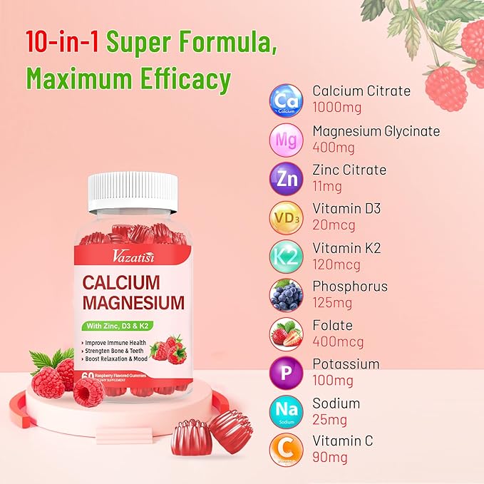 Calcium Magnesium Zinc Gummies with Vitamin D3 &amp K2 High Absorption Magnesium Glycinate Potassium for Immune and Calm Mood Raspberry Flavor 120 Gummies