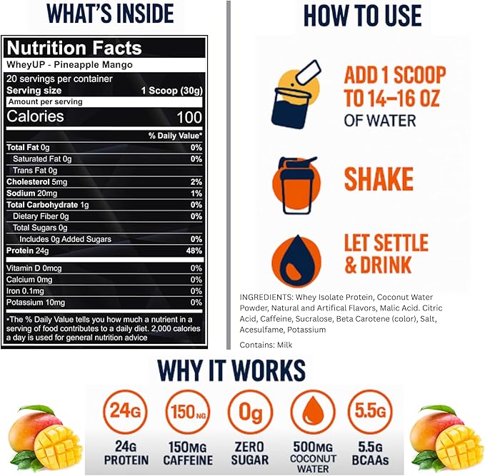 WheyUP Combo Lean Clear Whey Isolate - 24g Protein + 150mg Caffeine - Clear Whey Protein Powder - Sugar-Free - Keto-Friendly - Juice-Style Pre Post Workout Drink - 20 Servings