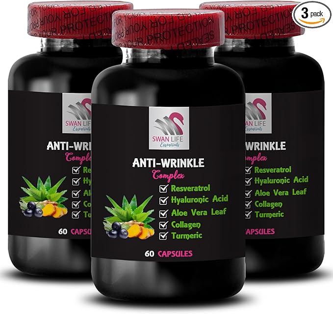 Alpha Lipoic Acid - Anti-Wrinkle Complex - Green Tea Leaf Aloe Vera Leaf Collagen Boost Lycopene L-Glutathione Grape Seed Hydration Solution Turmeric Firming Skin Texture 3 Bottles 180 Caps