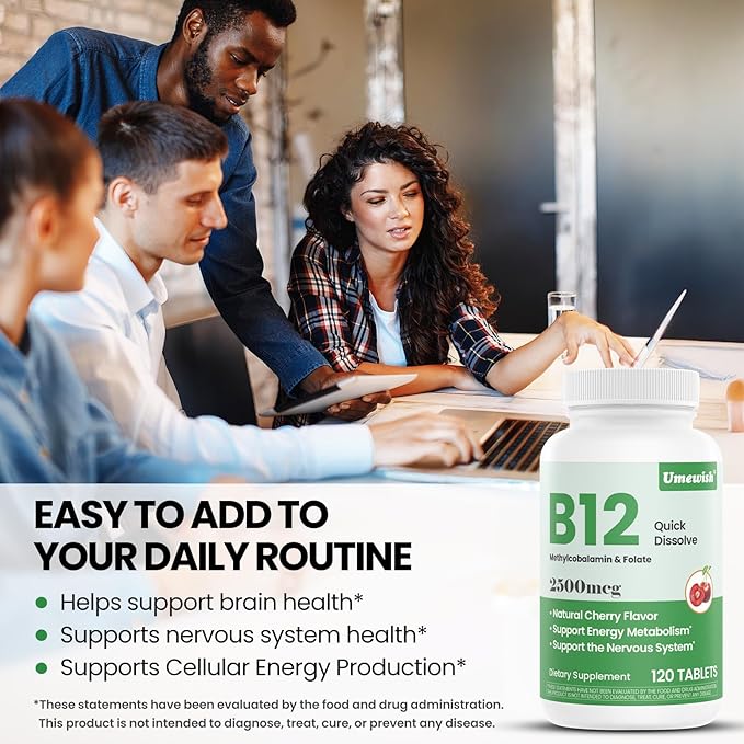 Vitamin B12 Methylcobalamin Sublingual 2500 mcg - with Folic Acid Under Tongue Cherry Flavor for Cellular Energy Support Energy Metabolism Nervous System Health(4-Month Supply)