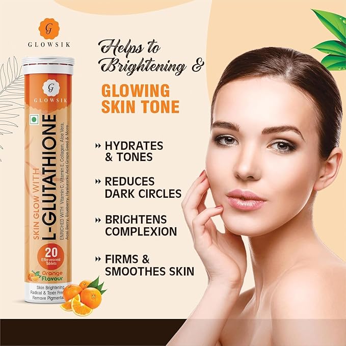 Glowsik Glutathione Effervescent Tablets for Skin Health 600mg Glutathione Reduced with Vitamin C for Lightening Antioxidants Supplements for Glowing Skin Health Orange Flavour (4 Orange)