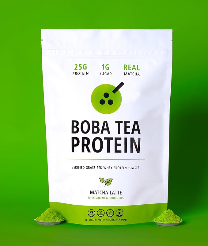 Boba Tea Protein Matcha Latte | 25g Grass-Fed Whey Protein Isolate Powder | Gluten-Free &amp Soy-Free Bubble Tea Protein Drink | Real Ingredients &amp Lactose-Free Protein Drink | 25 Servings
