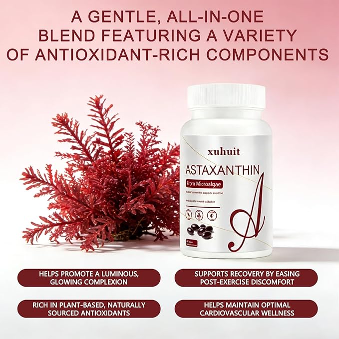 Astaxanthin 12mg 60 Softgels Natural Antioxidant Supplement from Microalgae Non-GMO Soy Free Supports Skin Health Easy to Swallow Softgels 2 Month Supply (1)