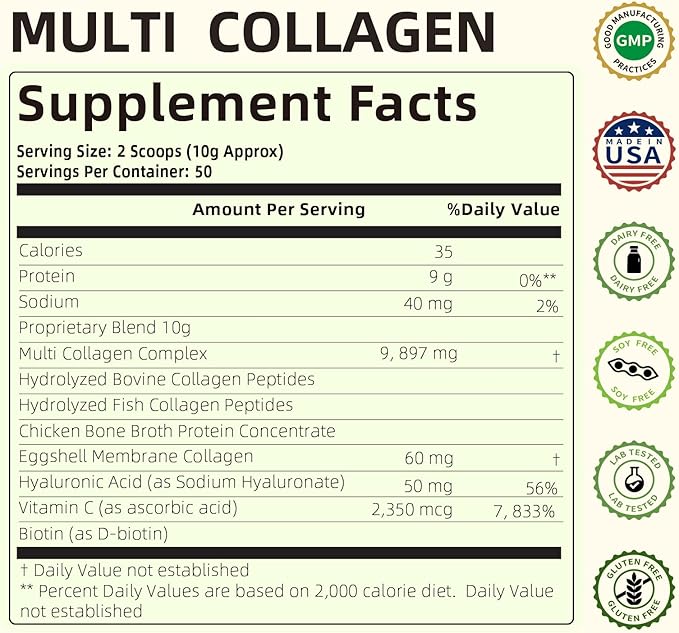 Multi Collagen Peptides Powder 5 Types (I II III V X) Collagen Protein Powder with Biotin Hyaluronic Acid Vitamin C Grass-Fed &amp Pasture-Raised Keto Paleo Unflavored 1.1 lbs