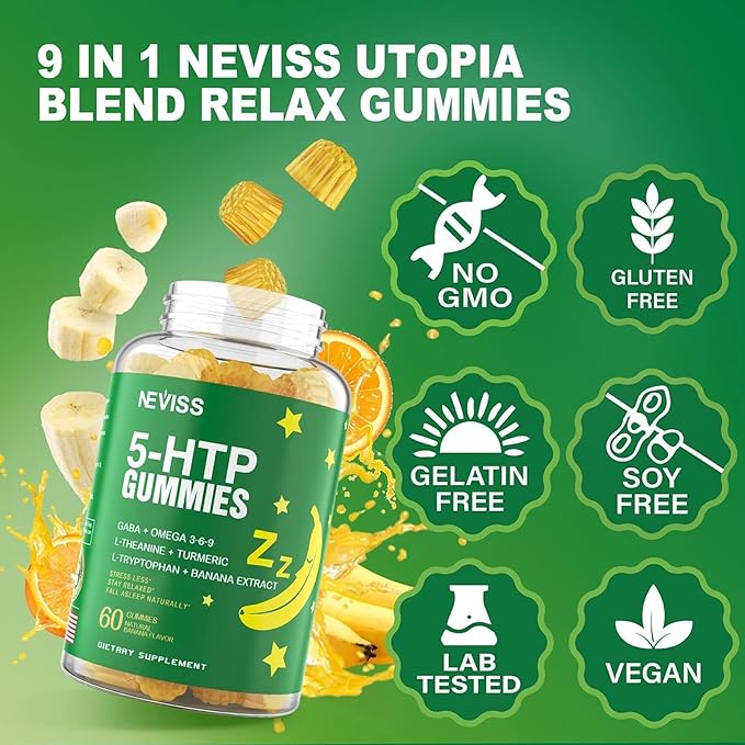 5-HTP 400MG Gummies + GABA - Melatonin Free - Relaxation Gummies with Banana Extract L-Theanine Turmeric L-Tryptophan D3 for Healthy Rest Cycle Circadian Rhythm Brain &amp Muscle Relax Pack of