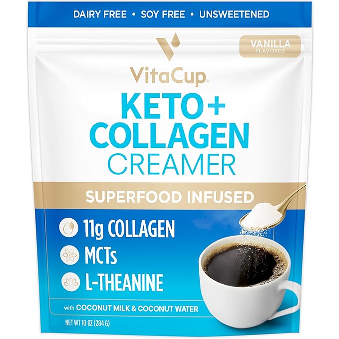 VitaCup Keto + Collagen Coffee Creamer Vanilla Flavor with MCT Collagen Protein Coconut Water L-Theanine for Keto Diet Use in Coffee Smoothies &amp Shakes Dairy-Free Gluten-Free Soy-Free 10