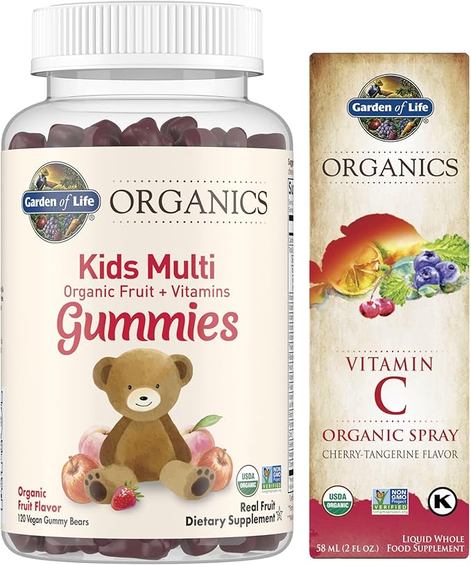 Garden of Life Organics Kids 120 Fruit Gummy Vitamins and Organics Vitamin C Spray for Kids &amp Adults 2 fl oz