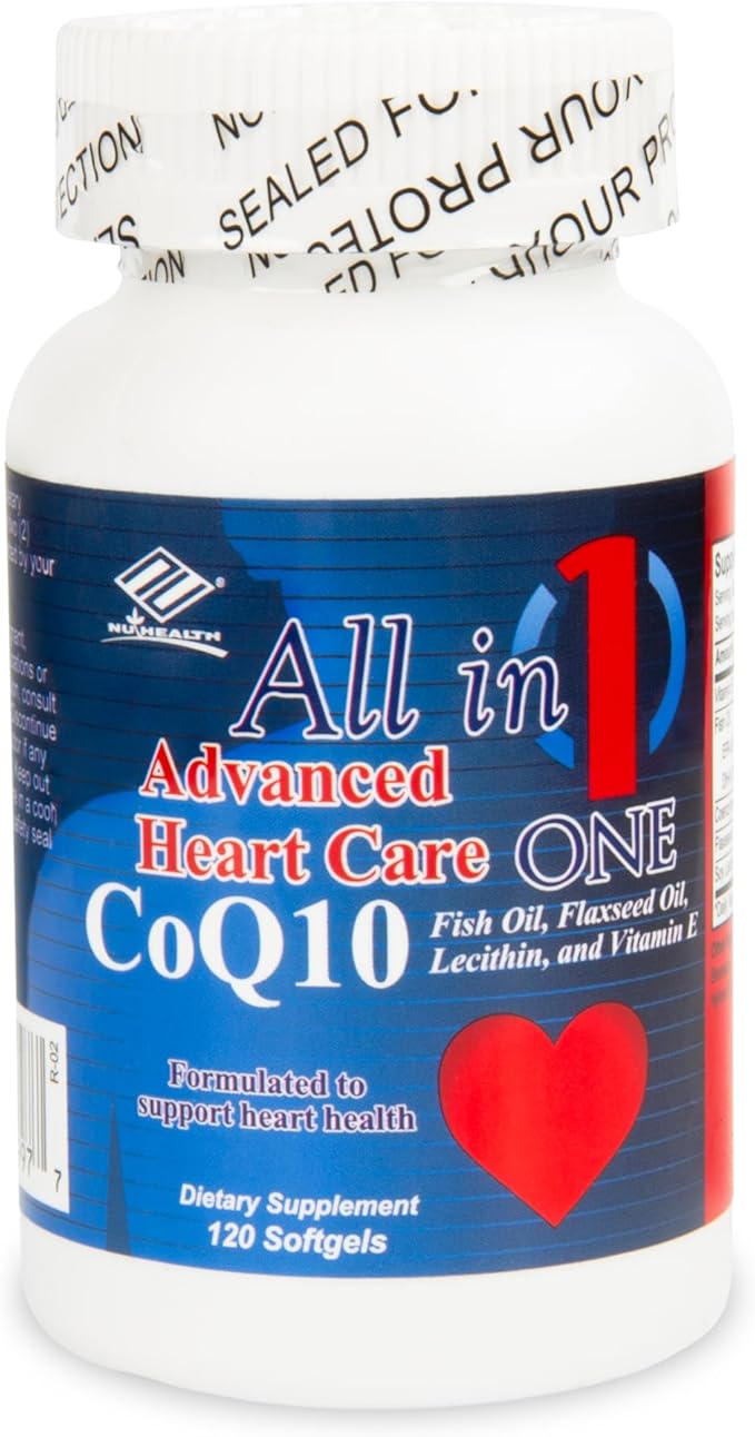 Nu-Health All in One Advanced CoQ10 Supplement | Co Q 10 Supplement with Omega-3 Fish Oil Flaxseed Oil Soy Lecithin &amp Vitamin E | Heart Health Support | 120 Softgels