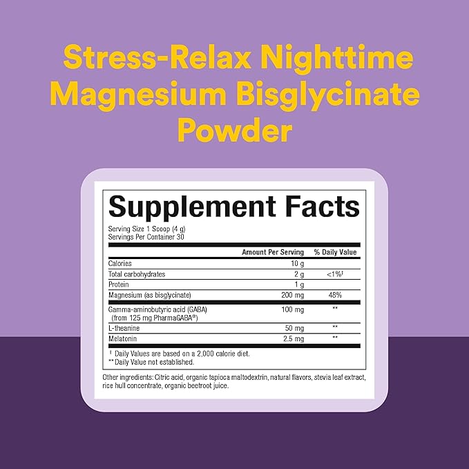 Natural Factors Stress-Relax Nighttime Magnesium Bisglycinate - Supports Sleep &amp Relaxation* - with Melatonin L-Theanine &amp GABA - Tropical Flavor - 4.23 oz