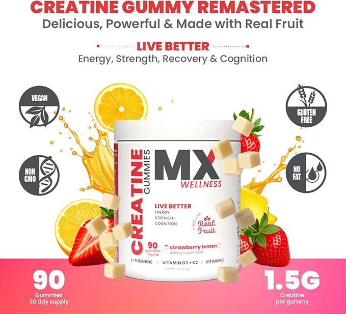 Creatine Monohydrate Gummies for Men &amp Women – Real Fruit Gummy Supplement for Muscle Growth Recovery Longevity Cognitive Health &amp Memory – 90 Chews (90 Gummies Strawberry Lemon)