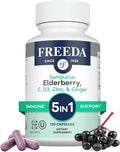 FREEDA Sambucus Elderberry with Vitamin C Zinc Vitamin D3 &amp Ginger - 5 in 1 Herbal Antioxidant Immune Support Supplement for Women &amp Men - Gluten Free Adult Elderberry Capsules USA Made (12