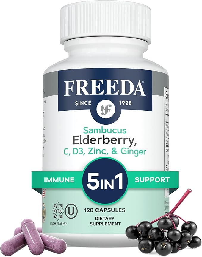 FREEDA Sambucus Elderberry with Vitamin C Zinc Vitamin D3 &amp Ginger - 5 in 1 Herbal Antioxidant Immune Support Supplement for Women &amp Men - Gluten Free Adult Elderberry Capsules USA Made (12