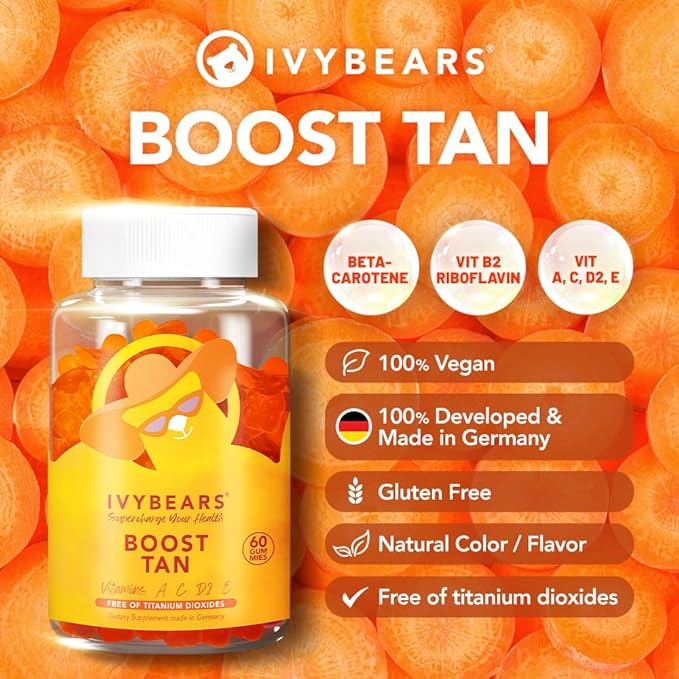 IvyBears® Glow &amp Hair Pack for Women – Hair Vitamin + Glow Tanning Gummies – Vegan Gummies with Biotin Collagen Keratin &amp Beta-Carotene – Hair Growth &amp Natural Tan Support – 60 ct Each