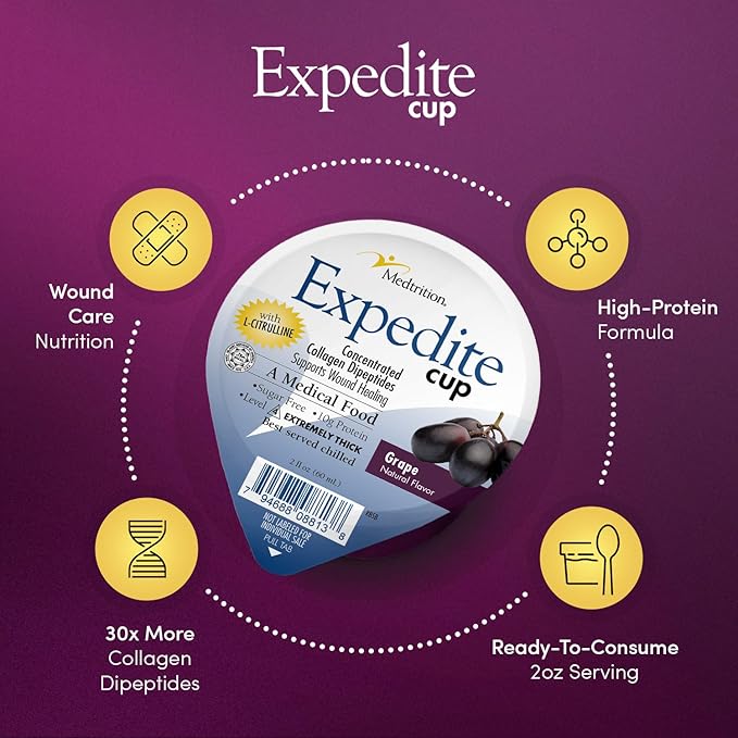 Medtrition Expedite Gelatein Cup Fast Track Wound Healing 30X More Collagen Dipeptides Than Powder Supports Foot Ulcers Cosmetic Surgery and More - Grape - 2 Fl Oz (Pack of 36)