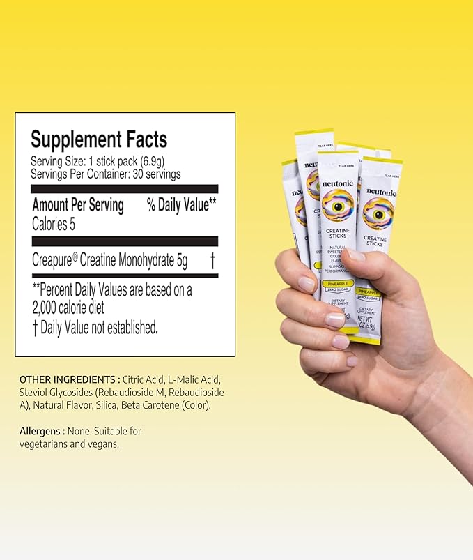 Neutonic Creatine Monohydrate | Pineapple Flavored | Premium Micronized Creapure Creatine Powder | Supports Strength and Power | Zero Sugar Vegan | Convenient Single-Serve Packets | 30 Sticks