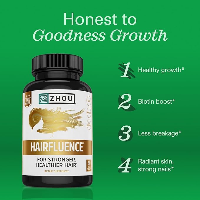 Zhou Hairfluence - Vegan Biotin Supplement for Hair Growth for Men &amp Women Supports Stronger Healthier Hair Nails &amp Glowing Skin with Lustriva &amp B Vitamin Complex - 60 Veggie Capsules