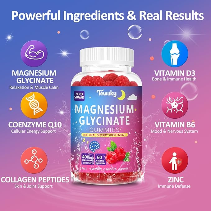 Magnesium Glycinate Gummies 400mg - Sugar Free Vegan Gummies for Adults &amp Kids with Vitamin D3 B6 C CoQ10 Collagen Zinc - Sleep Muscle Bone &amp Memory Support - 60 Raspberry Chewables / 2