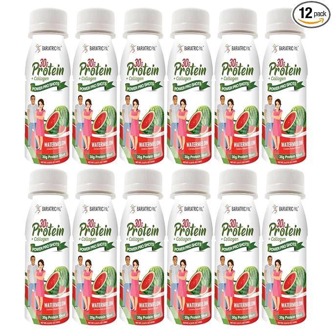 BariatricPal 30g Whey Protein &amp Collagen Sugar-Free Power Pro Shots - Watermelon (12 Bottles)