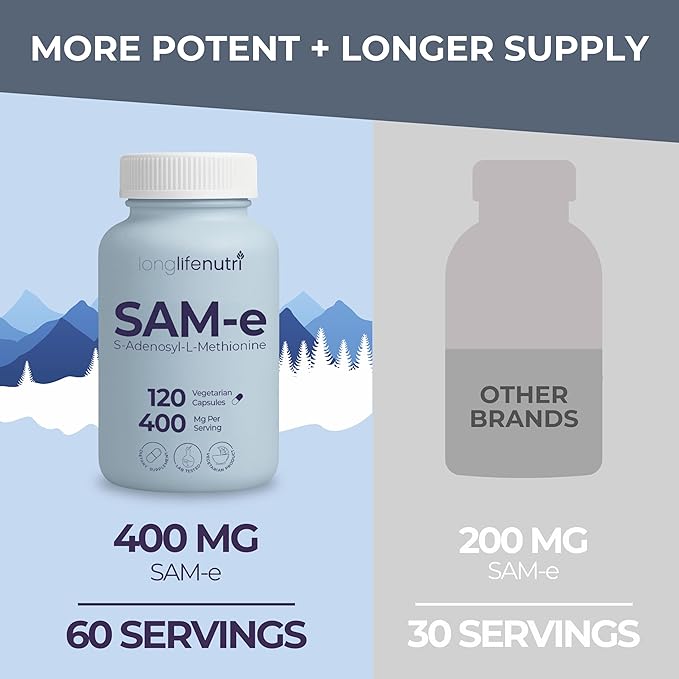LongLifeNutri SAM-e 400mg – 120 Vegetarian Capsules Methylated S-Adenosylmethionine for Joint Mobility &amp Flexibility 2-Month Supply No Fillers GMP Certified Made in USA