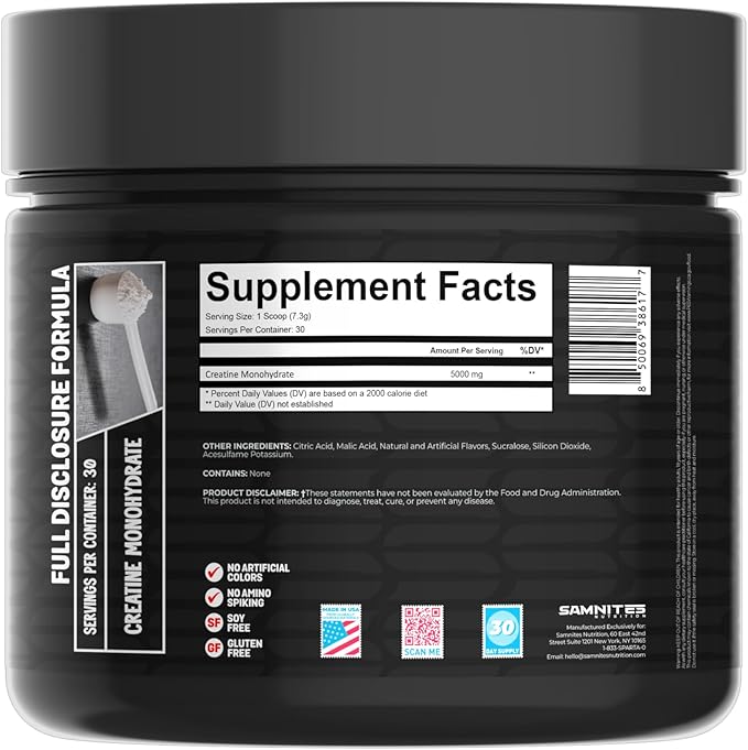 Samnites Creatine Monohydrate Powder Raspberry Watermelon Flavor 5g per Serving 30 Servings Gluten Free Soy Free