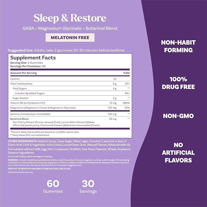 Natrol Sleep &amp Restore Magnesium Glycinate Blend Gummies Magnesium for Sleep Aids for Adults Melatonin-Free Cherry Flavored 30 Day Supply 60 Gummies (Pack of 2)