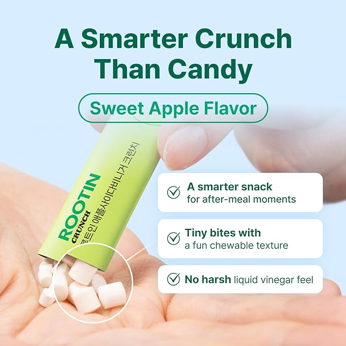 ROOTIN Apple Cider Vinegar Crunch 43% ACV Powder Sweet Chewable After-Meal Freshness Snack Waterless Portable Stick Packs Low Calorie Wellness Supplement 20 Sticks (1.2 oz)