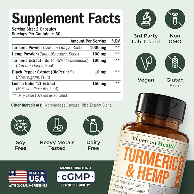 Boswellia Turmeric Curcumin Supplement with Hemp Seeds &amp Lemon Balm Extract – Joint Health &amp Mobility – with Black Pepper for Absorption – Natural Joint Supplement
