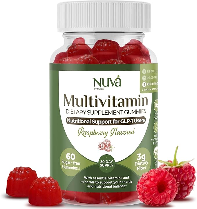 NuVa GLP-1 Support Multivitamin Gummies for Men &amp Women: Raspberry Sugar-Free 3g Fiber for Digestion &amp Gut Health Vitamins &amp Minerals for Metabolic Balance Gluten-Free 60 Gummies - 30