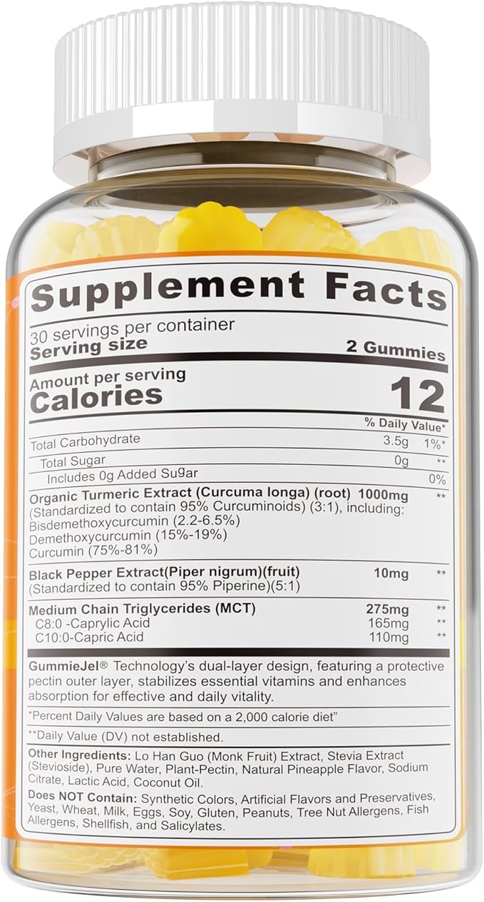Turmeric Gummies 1000mg w/MCT Oil C8 C10 Organic Antioxidant Turmeric Curcumin Supplement with Black Pepper Extract Support Comfort Boost Energy Ultra Absorption Sugar Free 120Cts