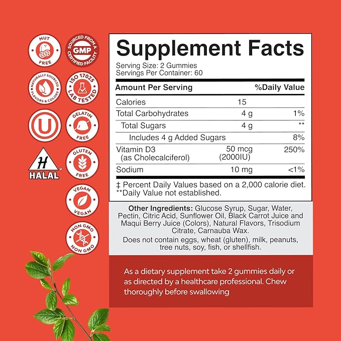 Natures Craft Vitamin D Gummies for Adults - Daily Immune Support Gummies with Vegan Vitamin D3 2000IU - D3 for Adults Wellness Non GMO Gluten Free - 120 Count (Pack of 1)