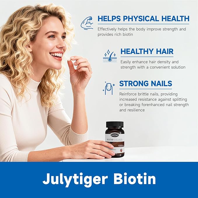 julytiger Biotin 10000mcg with Collagen Supplement Biotin (Vitamin B7) for Healthy Skin and Nailsbiotin Collagen peptide for Women and Men - Vegan Non-GMO Gluten &amp Soy-Free - 60 Tablets